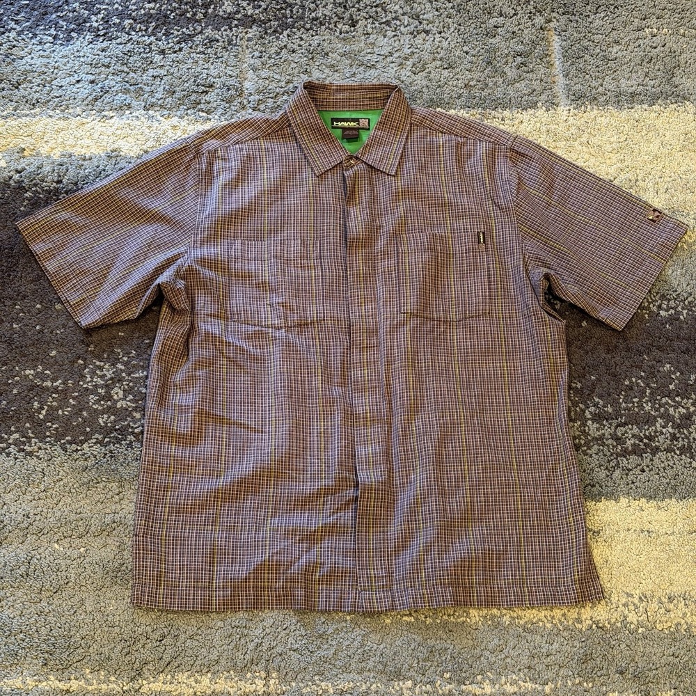 Hawk Skateboarding Mens Large Gray Plaid Button Up Short Sleeve Shirt